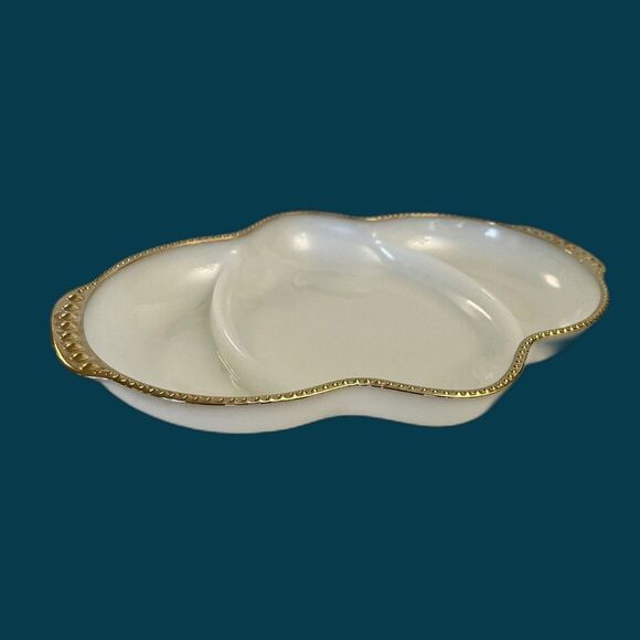 Fire King Anchor Hocking Milk Glass Relish Tray Divided Dish w Gilded Trim VTG - Picture 1 of 4